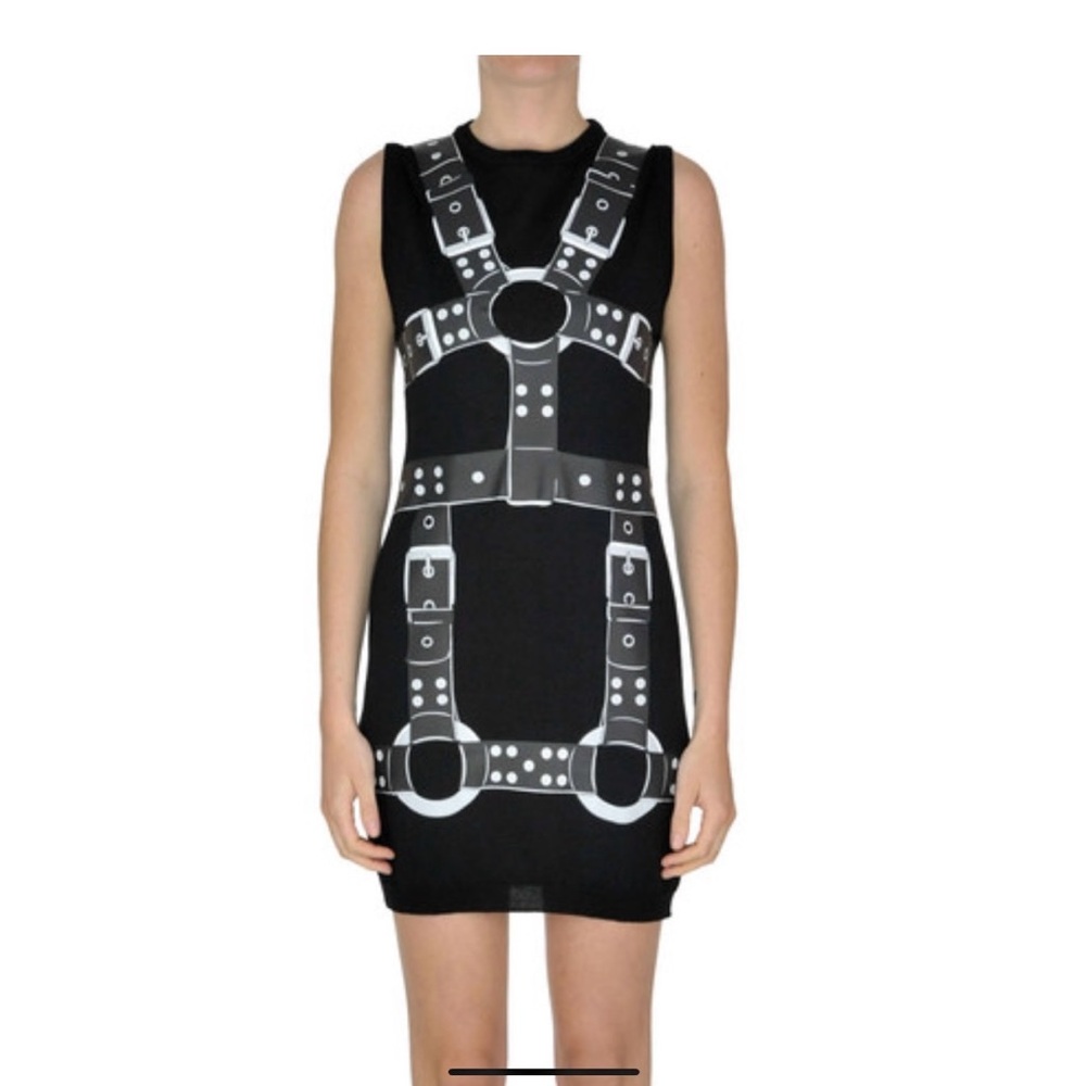 MOSCHINO COUTURE wool sheath dress Black Harness Print Dress. Size 40